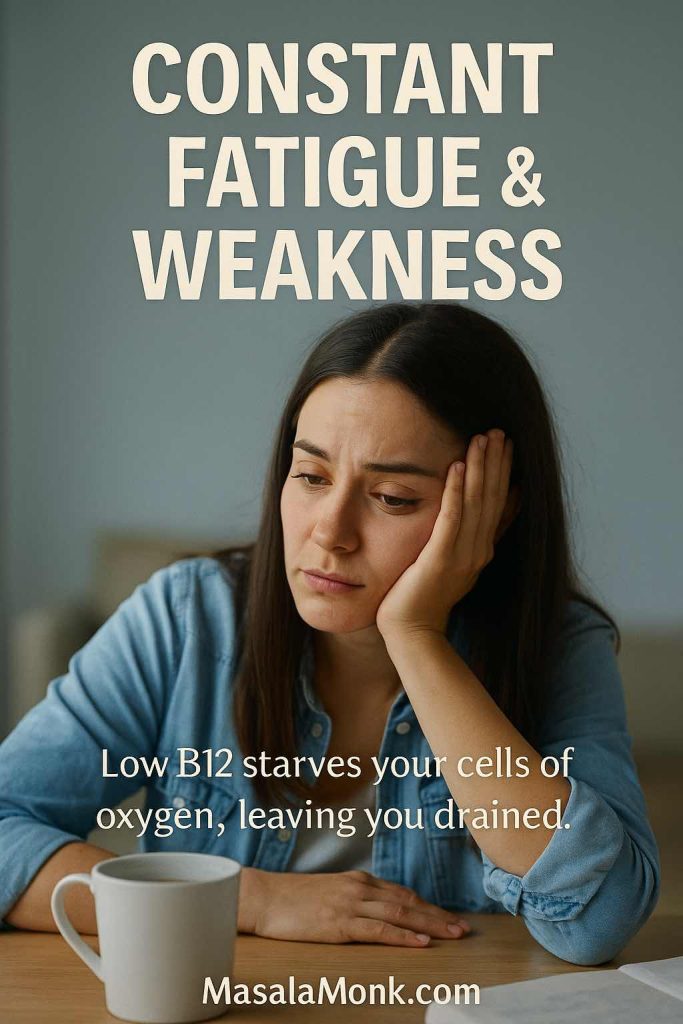 Woman looking exhausted with hand on face, showing constant fatigue and weakness due to Vitamin B12 deficiency.