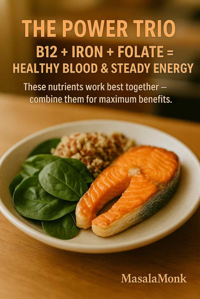 Plate of salmon, spinach, and quinoa showing Vitamin B12, iron, and folate synergy for blood health.