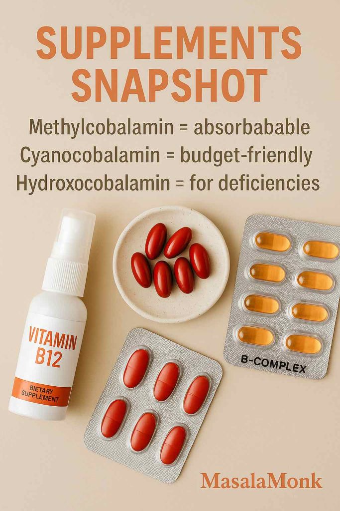 Flat lay of Vitamin B12 supplements including sprays, tablets, and B-complex capsules.