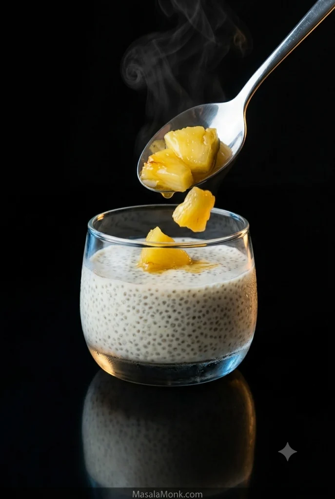 Warm glossy pineapple being spooned onto cold chia pudding in a clear glass, with steam rising from the fruit and condensation visible on the chilled glass.