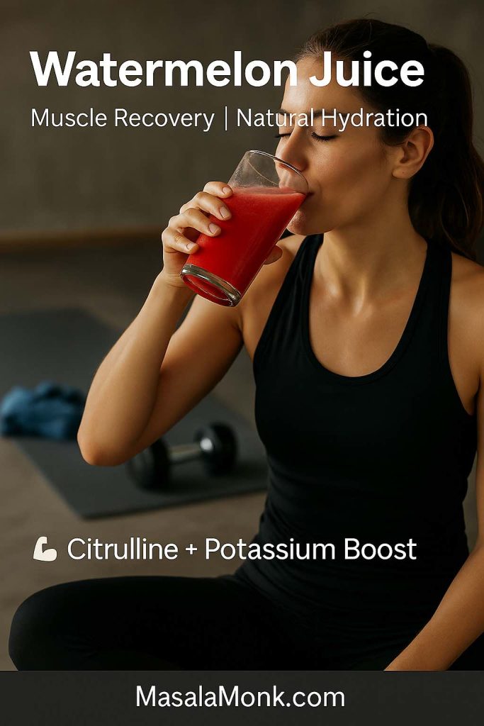 Woman in sportswear drinking watermelon juice after workout for muscle recovery and hydration.