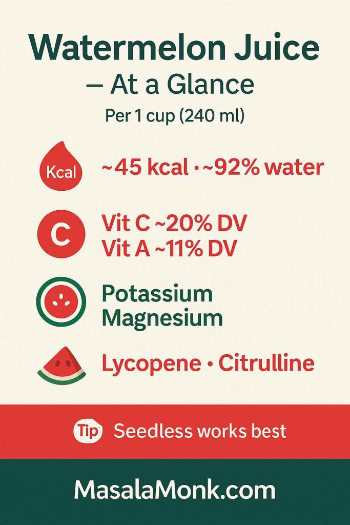 Infographic summarizing watermelon juice per 1 cup: ~45 kcal, ~92% water, vitamins C & A, potassium, magnesium, lycopene, citrulline.