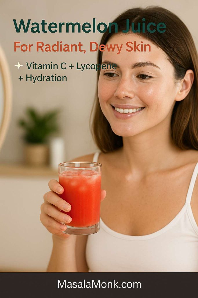 Smiling woman holding a glass of watermelon juice, highlighting skin benefits like hydration, vitamin C, and lycopene.