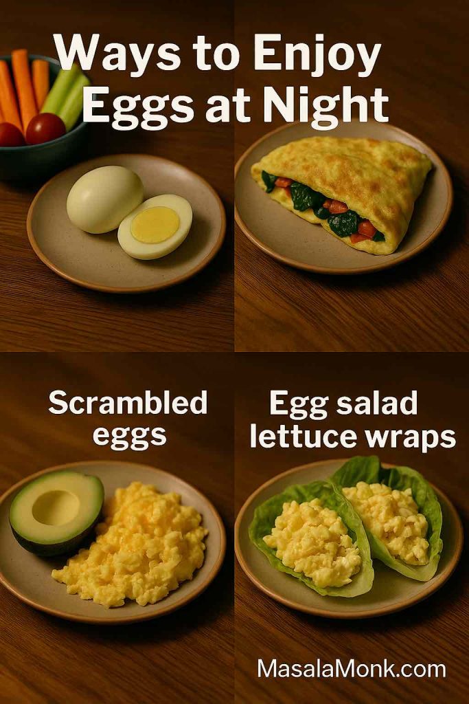 Collage showing boiled eggs, omelette, scrambled eggs with avocado, and egg salad wraps – healthy night meal ideas.