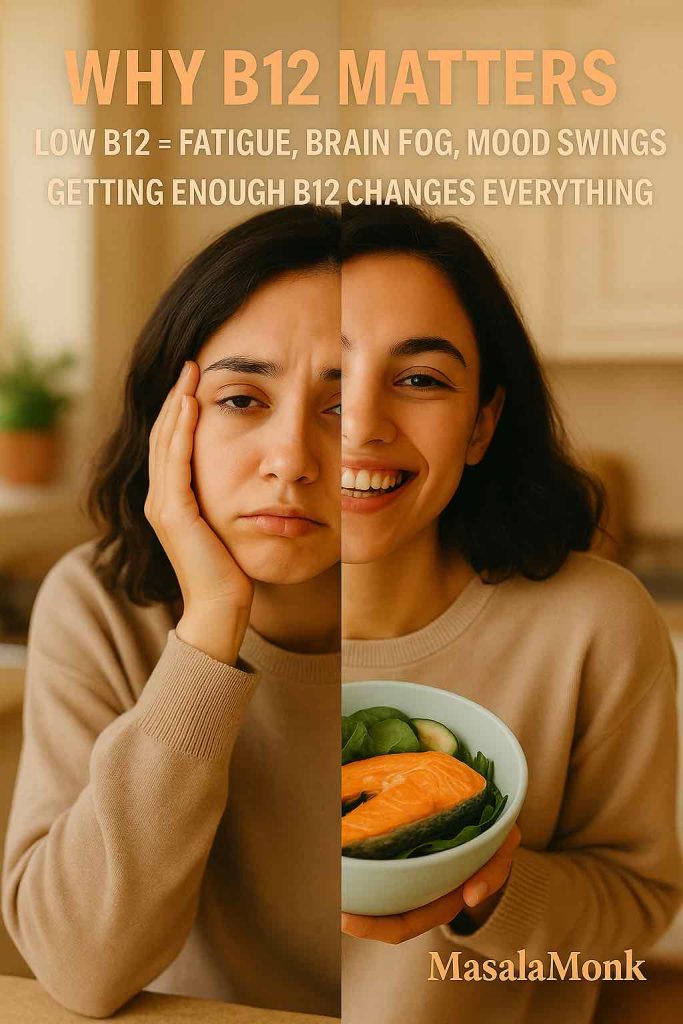 Split portrait showing fatigue from Vitamin B12 deficiency on one side and energy from B12 rich foods on the other.