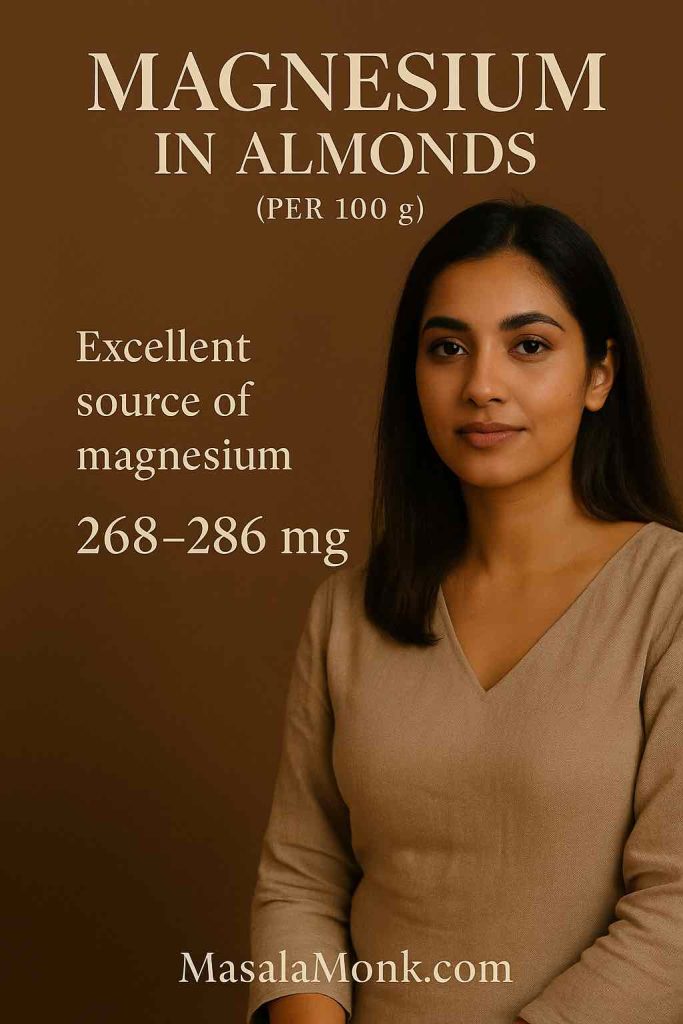 Magazine-style portrait with headline “Magnesium in Almonds (per 100 g) 268–286 mg” and MasalaMonk.com footer.
