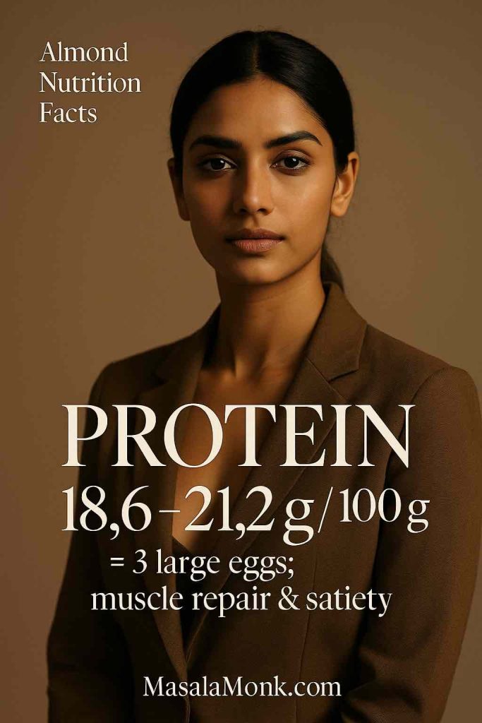 Portrait with bold “Protein 18.6–21.2 g/100 g” and note “≈3 large eggs; muscle repair & satiety.”