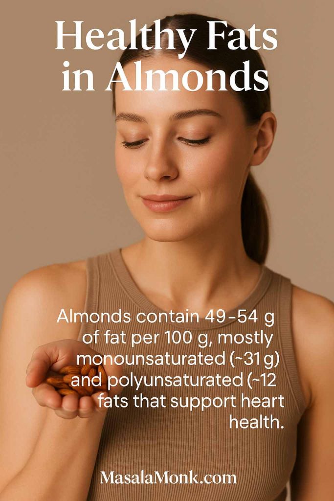 Woman holding almonds; Almond Nutrition Facts - “Healthy Fats in Almonds” with note on MUFA and PUFA per 100 g.