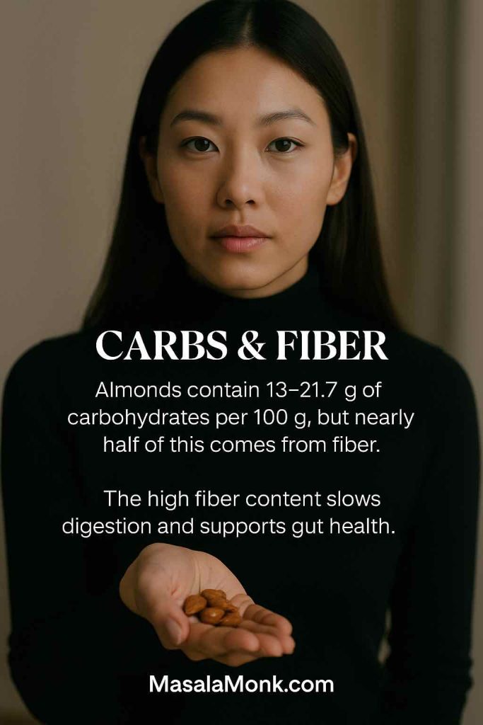 Portrait with Almond Nutrition Facts - “Carbs & Fiber—13–21.7 g carbs; ~12.2 g fiber per 100 g; supports digestion and gut health.”