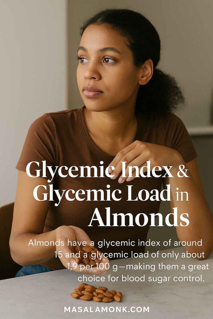 Woman at table with headline “Glycemic Index & Glycemic Load in Almonds” and copy showing Almond Nutrition Facts - GI ~15, GL ~1.9.