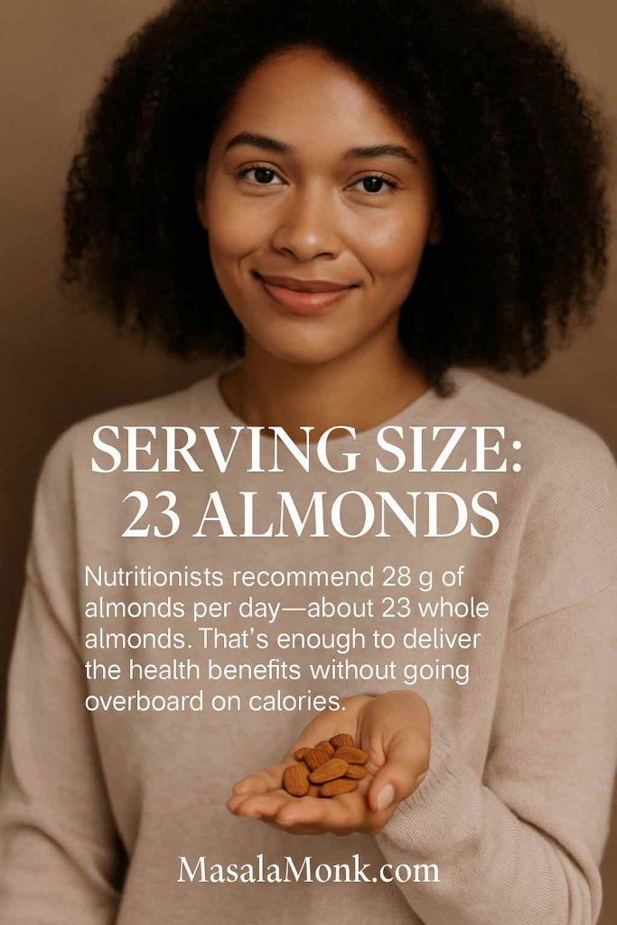 Portrait showing Almond Nutrition Facts - “Serving Size: 23 Almonds” and guidance to 28 g per day.