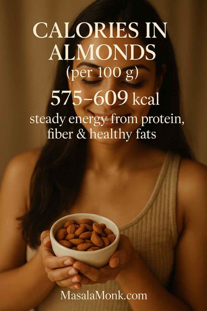 Woman holding bowl of almonds; headline “Calories in Almonds (per 100 g) 575–609 kcal.”, expressing Almond Nutrition Facts.