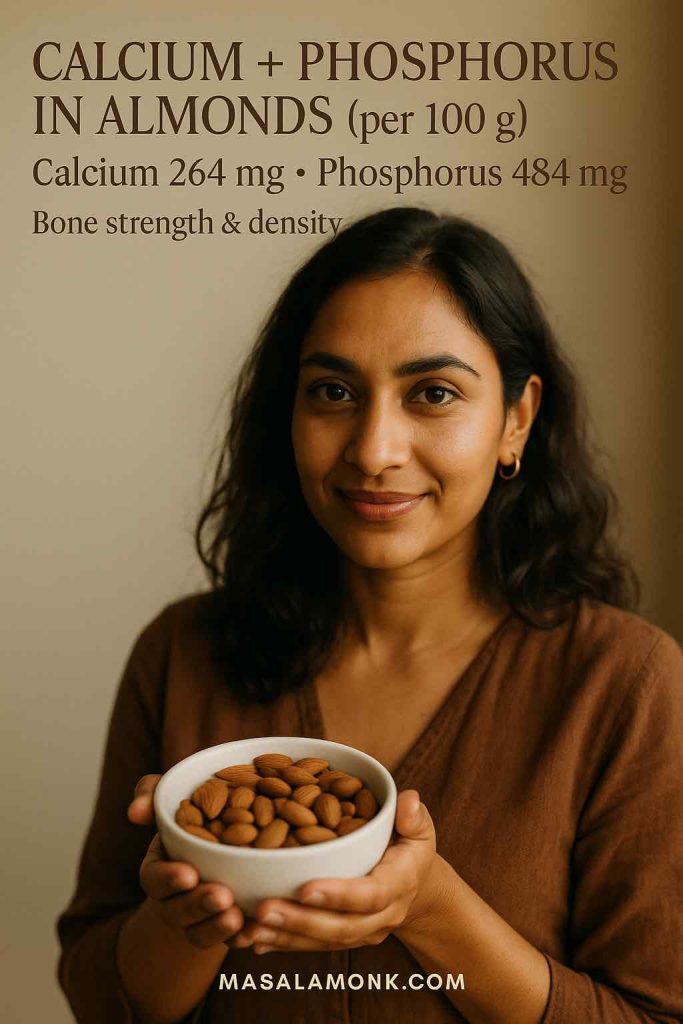 Portrait with text “Calcium + Phosphorus in Almonds (per 100 g): 264 mg & 484 mg; bone strength.”