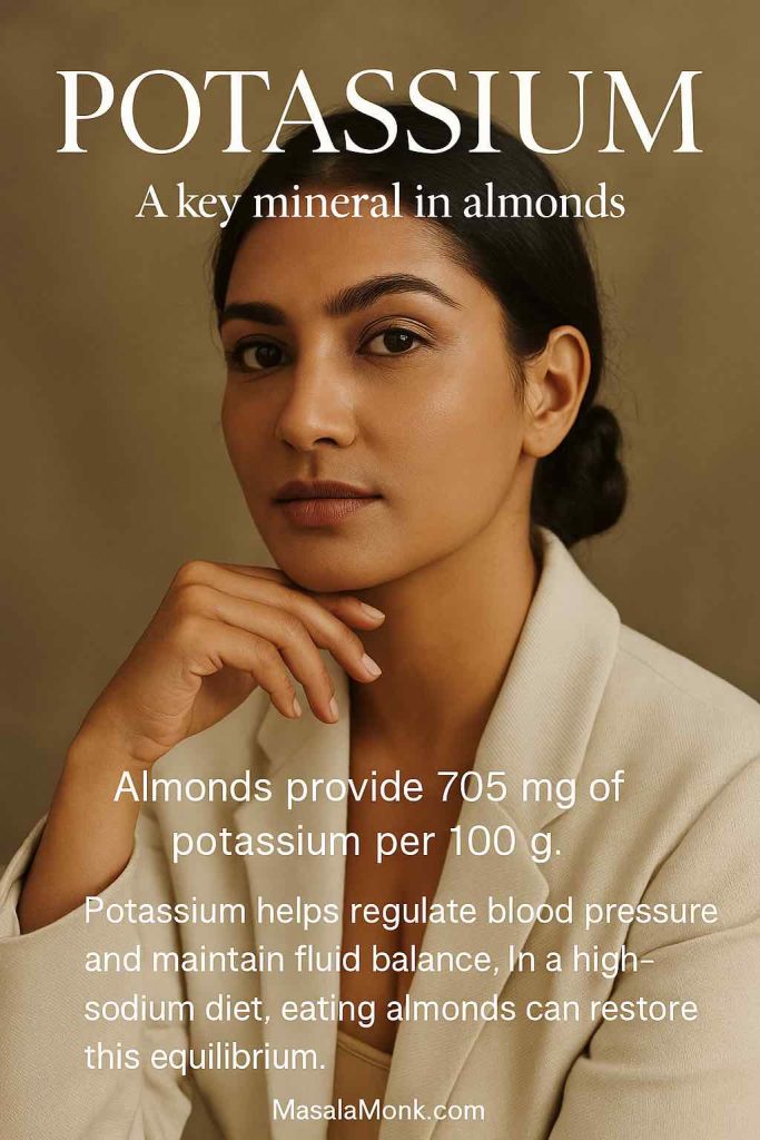 Editorial portrait showing Almond Nutrition Facts “Potassium—705 mg per 100 g; supports fluid balance and blood pressure.”