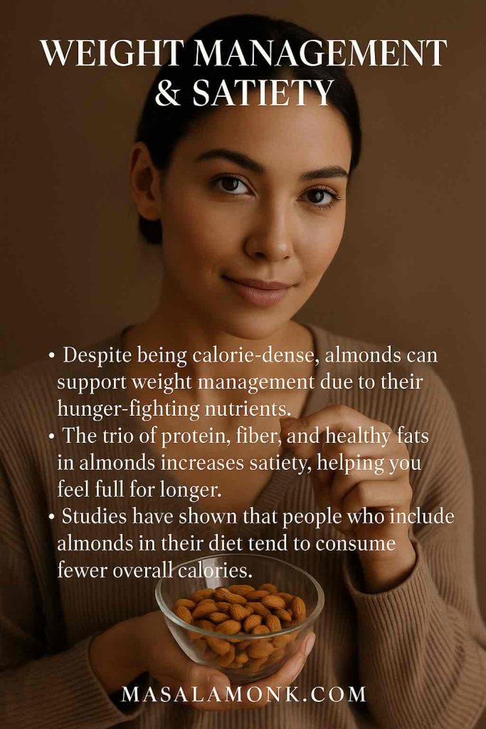 Portrait of woman holding a glass bowl of almonds with headline “Weight Management & Satiety” and bullets on satiety trio, partial fat absorption, and a 28 g daily portion.