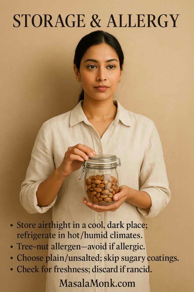 Portrait sealing a jar of almonds with headline “Storage & Allergy”; bullets advise cool airtight storage, refrigeration in heat, tree-nut allergen warning, avoid sugary coatings, and freshness checks.