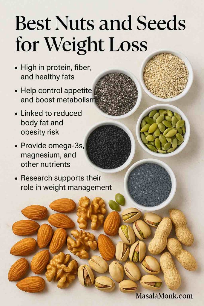 Best nuts and seeds for weight loss – almonds, walnuts, pistachios, peanuts, chia seeds, flax, pumpkin, sesame, and sabja – high in protein, fiber, and healthy fats for appetite control and metabolism.