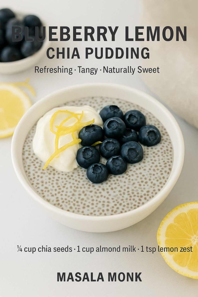 Bowl of chia pudding with lemon zest, yogurt, and fresh blueberries on top.
