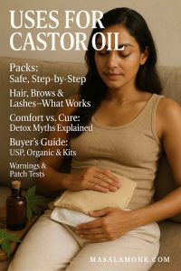 A calm South Asian woman, seated on a neutral sofa, rests a flannel castor-oil pack over her lower abdomen with one hand. An amber bottle and ricinus leaf sit on the table in the foreground. Large serif headline reads “Uses for Castor Oil,” with cover lines about pack safety, hair and brows, comfort vs. cure, buyer’s guide, and warnings. MasalaMonk.com appears in the footer.