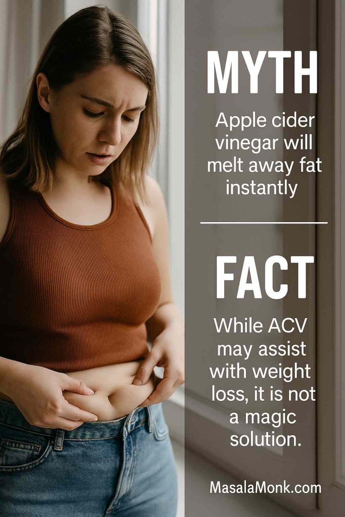 Split-panel image with a woman showing apple cider vinegar myth vs fact about belly fat loss results.