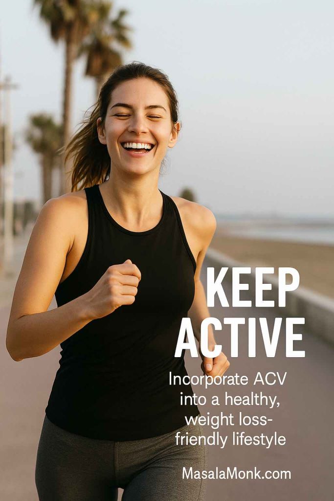 Young person in workout clothes with text overlay about ACV being part of healthy lifestyle for weight loss.