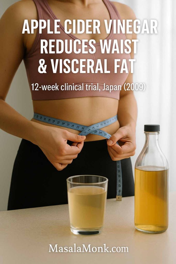 Woman measuring waist with tape while a glass of apple cider vinegar sits on kitchen counter with text overlay about belly fat reduction results.