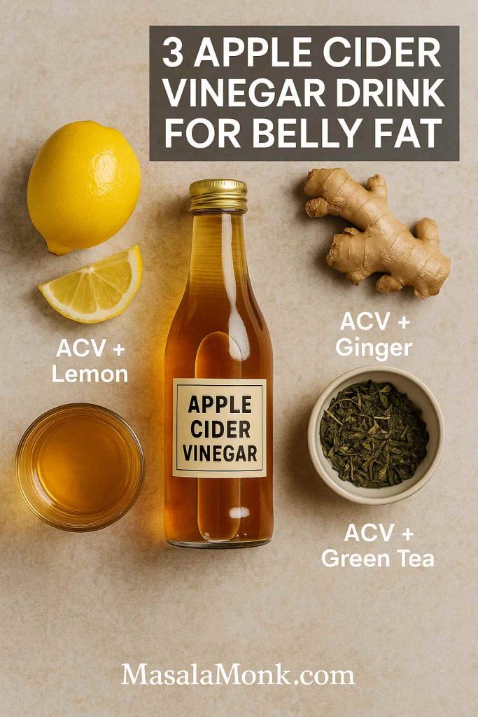 Flat lay of apple cider vinegar, lemon, ginger, and green tea leaves with text overlay about ACV drinks for belly fat.