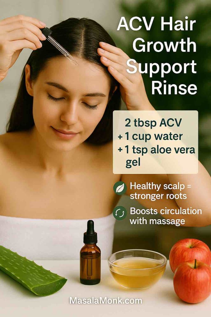 Photorealistic image of a woman parting her hair and applying diluted apple cider vinegar and aloe vera mix to her scalp with a dropper. Ingredients shown: fresh aloe vera leaf, glass bowl of diluted ACV, apples, and dropper bottle. On-image text overlay highlights recipe (2 tbsp ACV + 1 cup water + 1 tsp aloe vera gel) and benefits: healthy scalp = stronger roots, boosts circulation with massage. MasalaMonk.com footer.