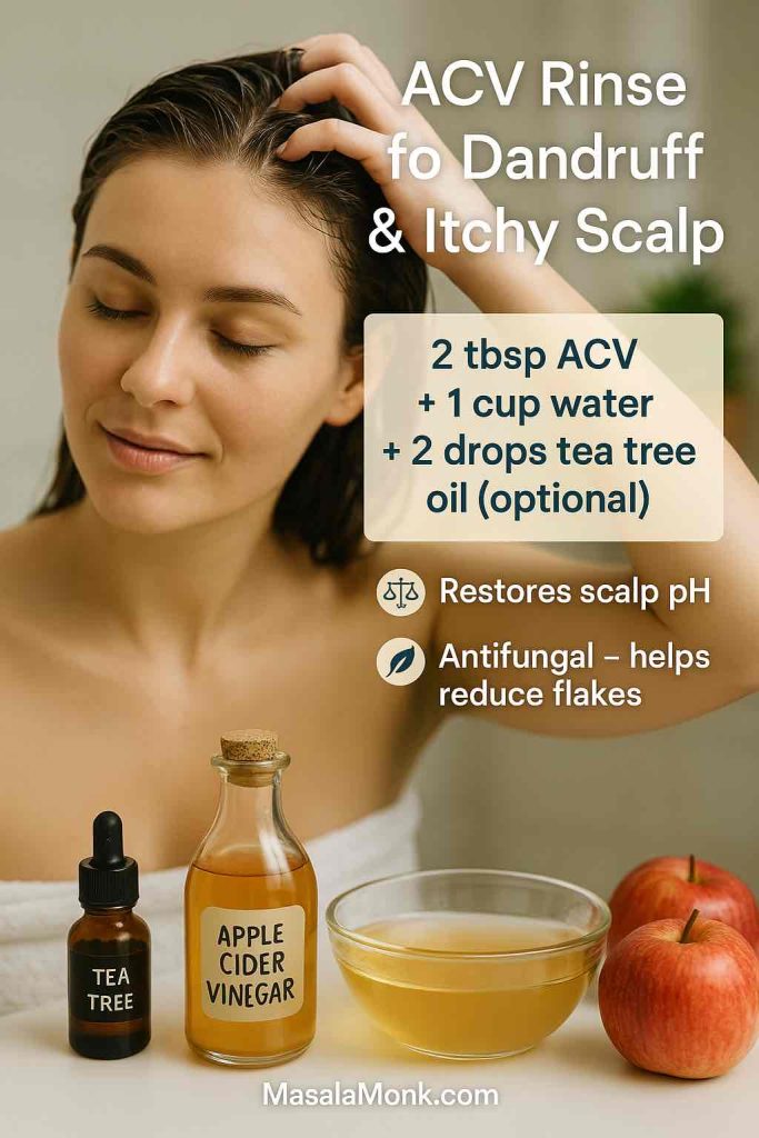 Photorealistic image of a woman massaging diluted apple cider vinegar into her scalp for dandruff relief. Ingredients shown: apple cider vinegar bottle, tea tree oil dropper, apples, and bowl of diluted rinse. On-image text overlay displays recipe (2 tbsp ACV + 1 cup water + 2 drops tea tree oil optional) with benefits: restores scalp pH, antifungal helps reduce flakes. MasalaMonk.com footer.