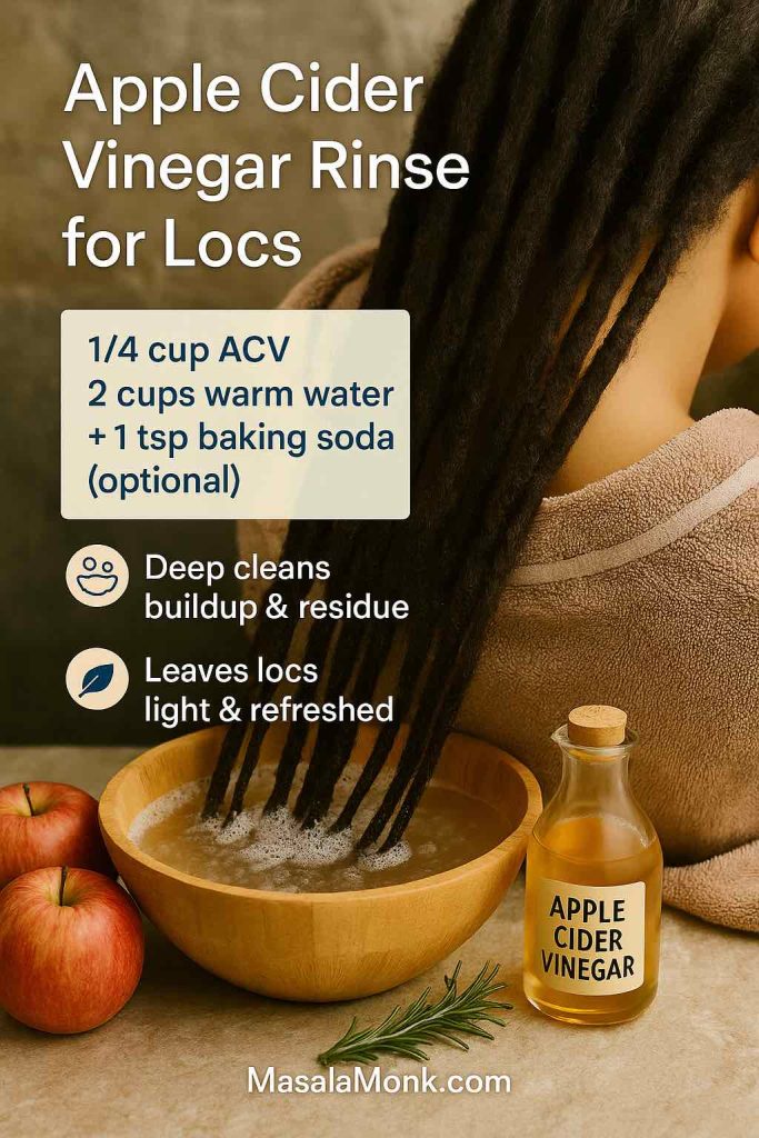 Photorealistic image of locs soaking in a wooden basin filled with diluted apple cider vinegar rinse, light fizz visible. Ingredients shown: ACV bottle, fresh apples, rosemary sprigs, towel. On-image overlay highlights recipe (1/4 cup ACV + 2 cups warm water + 1 tsp baking soda optional) and benefits: deep cleans buildup & residue, leaves locs light & refreshed. MasalaMonk.com footer.