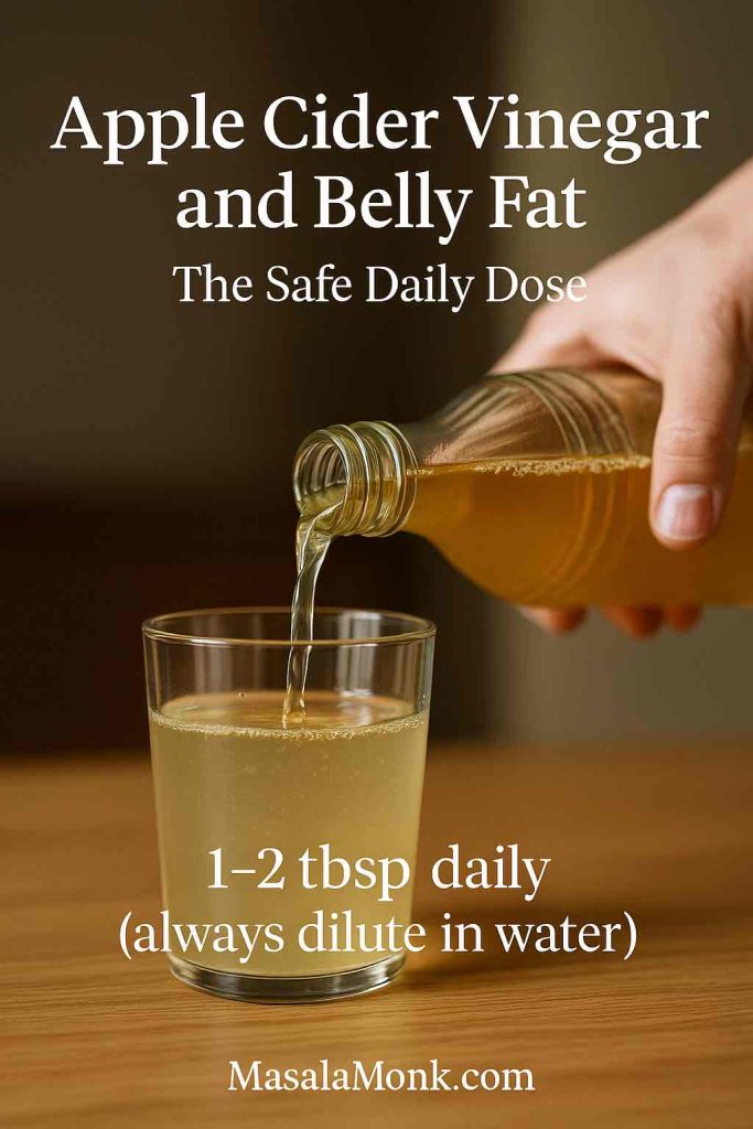 Hand pouring apple cider vinegar into a glass of water with text overlay about safe daily dose for belly fat.
