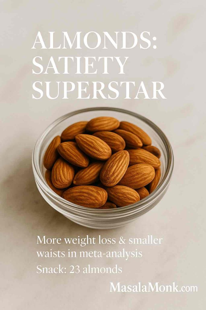 Clear glass bowl filled with whole almonds on white marble; overlay “Almonds: Satiety Superstar; Snack: 23 almonds - best nuts for weight loss.