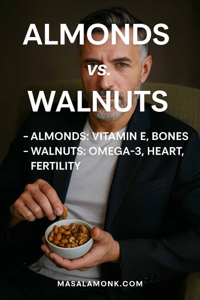 Man holding a bowl of almonds and walnuts comparing benefits of almonds (vitamin E, bone health) vs walnuts (omega-3, fertility, heart health).