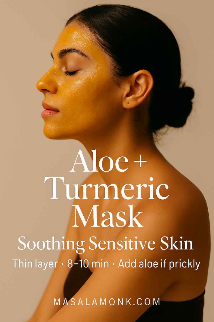 Side view of a woman with eyes closed wearing an aloe and turmeric soothing face mask.