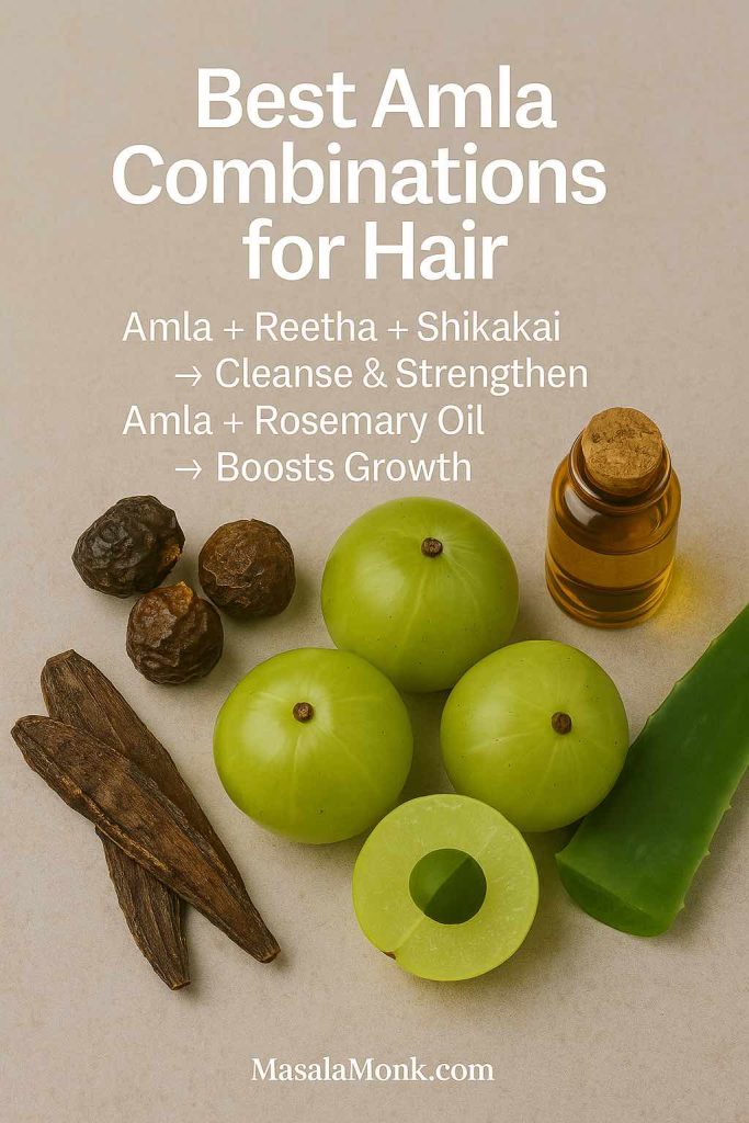 Flat-lay of amla fruits with reetha, shikakai, rosemary oil, and aloe vera styled together, with overlay text showing combination benefits.