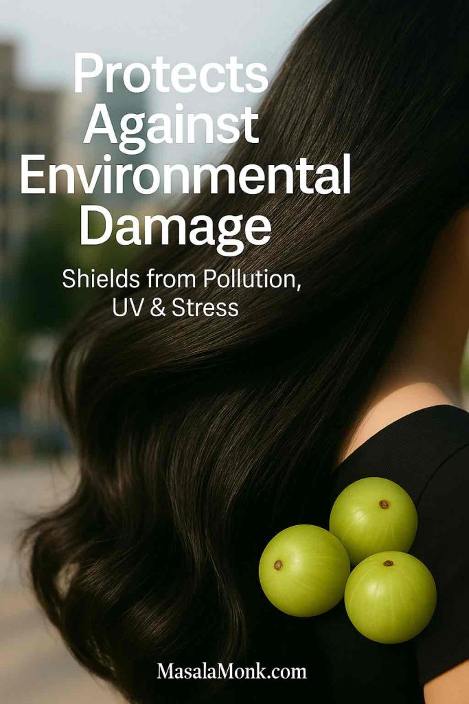 Glossy hair flowing outdoors with subtle sunlight and urban background, amla fruits in corner, text overlay reads ‘Protects Against Environmental Damage.’