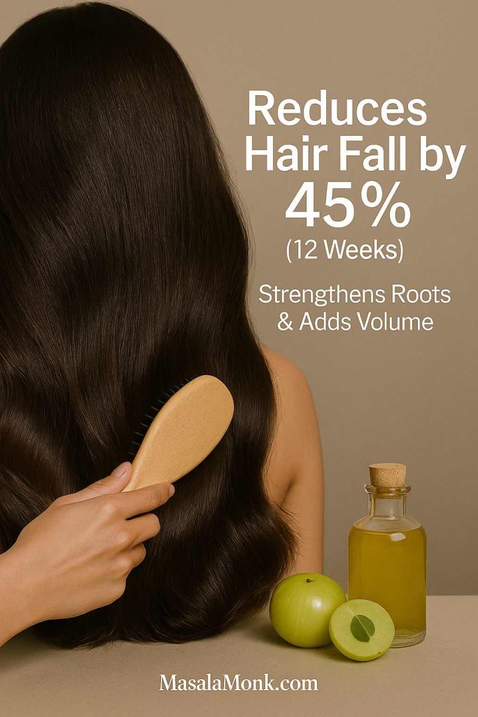 Healthy woman’s hair with amla fruits and oil, text overlay shows ‘Reduces Hair Fall by 45% (12 Weeks).’
