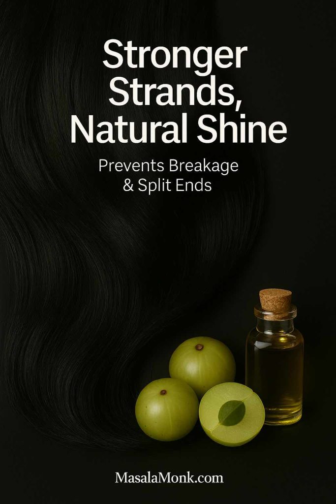 Glossy, radiant black hair catching light to highlight shine, paired with amla fruits and oil. Text overlay reads ‘Stronger Strands, Natural Shine.’