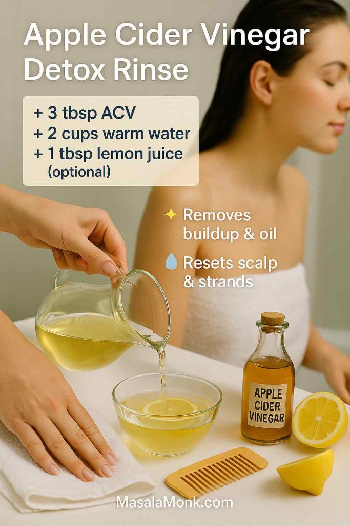 Photorealistic image of a woman preparing an apple cider vinegar hair detox rinse. Ingredients shown: glass jug of diluted ACV being poured into a bowl with lemon slices, apple cider vinegar bottle, lemon halves, wide-tooth comb, and towel. On-image text overlay highlights recipe (3 tbsp ACV + 2 cups warm water + 1 tbsp lemon juice optional) and benefits: removes buildup & oil, resets scalp & strands. MasalaMonk.com footer.