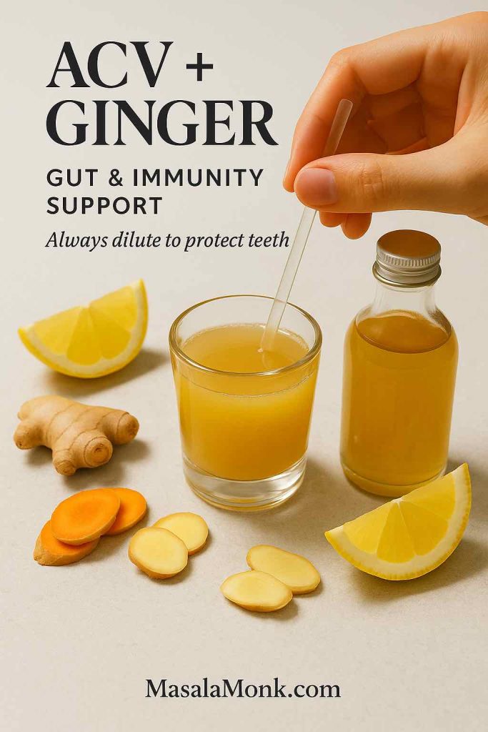 Pale amber apple cider vinegar wellness shot with lemon wedges, ginger slices, and ACV bottle, highlighting gut health benefits.