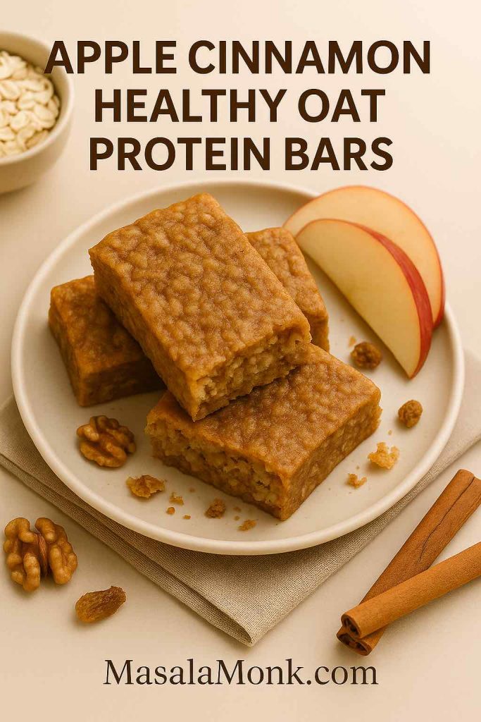 Apple cinnamon oatmeal protein bars styled with apple slices and cinnamon sticks on a ceramic platter.