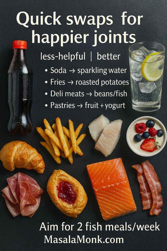 Quick swaps for happier joints: soda → sparkling water, fries → roasted potatoes, deli meats → beans/fish, pastries → fruit + yogurt; aim for 2 fish meals/week.