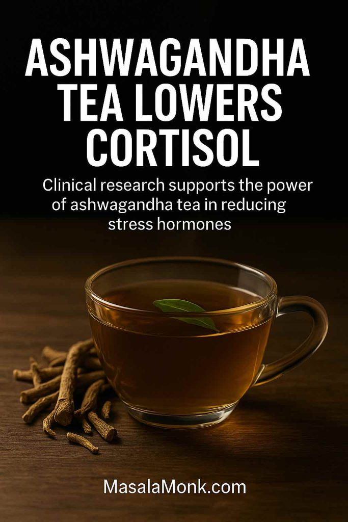 Photorealistic cup of ashwagandha tea with dried roots, text overlay âAshwagandha Tea Lowers Cortisolâ â luxury wellness magazine-style image highlighting ashwagandhaâs cortisol-lowering benefits, branded MasalaMonk.com.