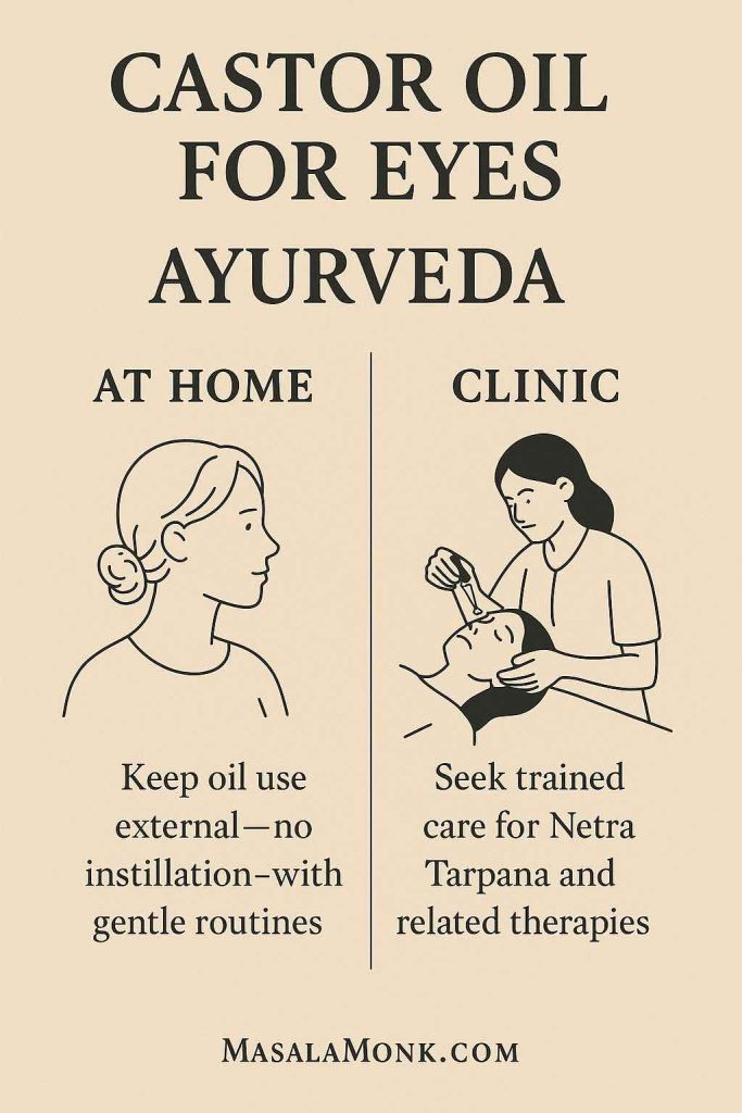 Ayurveda visual comparing at home external skin-only oil vs clinic-only netra therapies—safety boundary for Eyes.