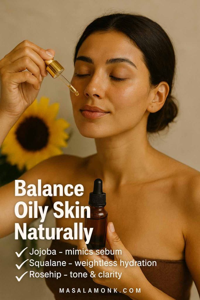 Woman applying jojoba, squalane, and rosehip oils to balance oily skin naturally.
