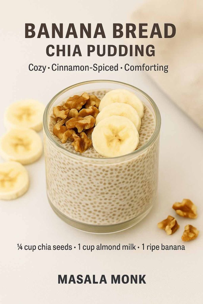 Glass jar of chia pudding with bananas and walnuts on top, inspired by banana bread flavors.