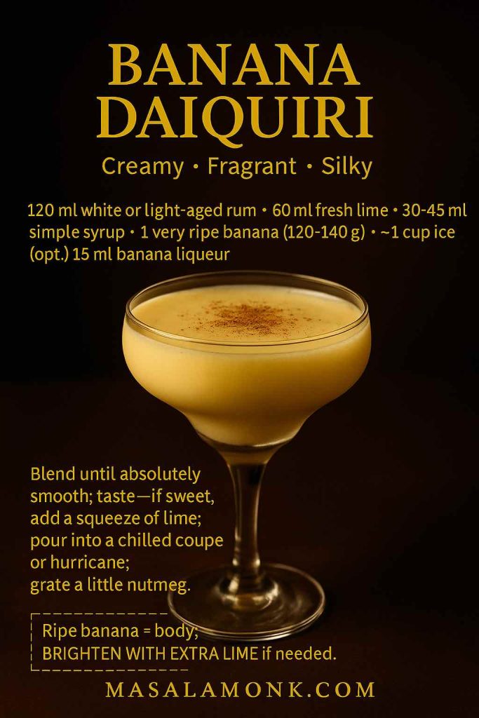 Banana Daiquiri recipe card with creamy blended cocktail in a coupe; overlay shows 120 ml rum, 60 ml lime, 30–45 ml syrup, 1 ripe banana, optional 15 ml banana liqueur, and blend-until-smooth method with nutmeg garnish — MasalaMonk