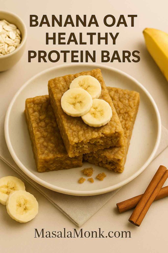 Banana oat protein bar topped with banana slices, styled on a plate with oats and cinnamon sticks.