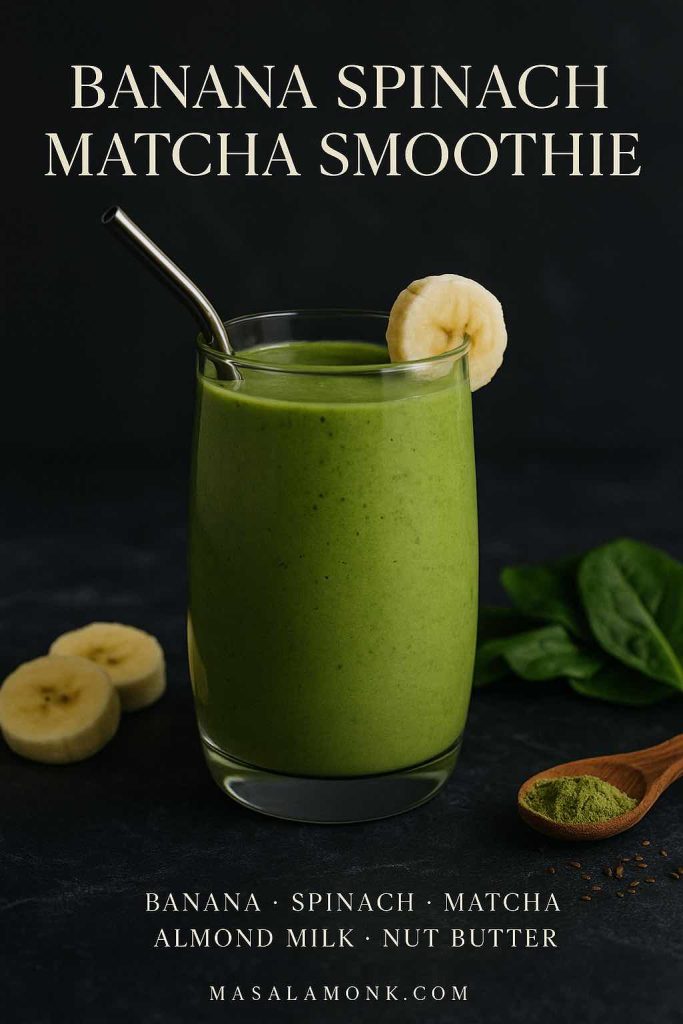 A tall glass of banana spinach matcha smoothie with banana slices and spinach leaves, styled in a classy magazine look.