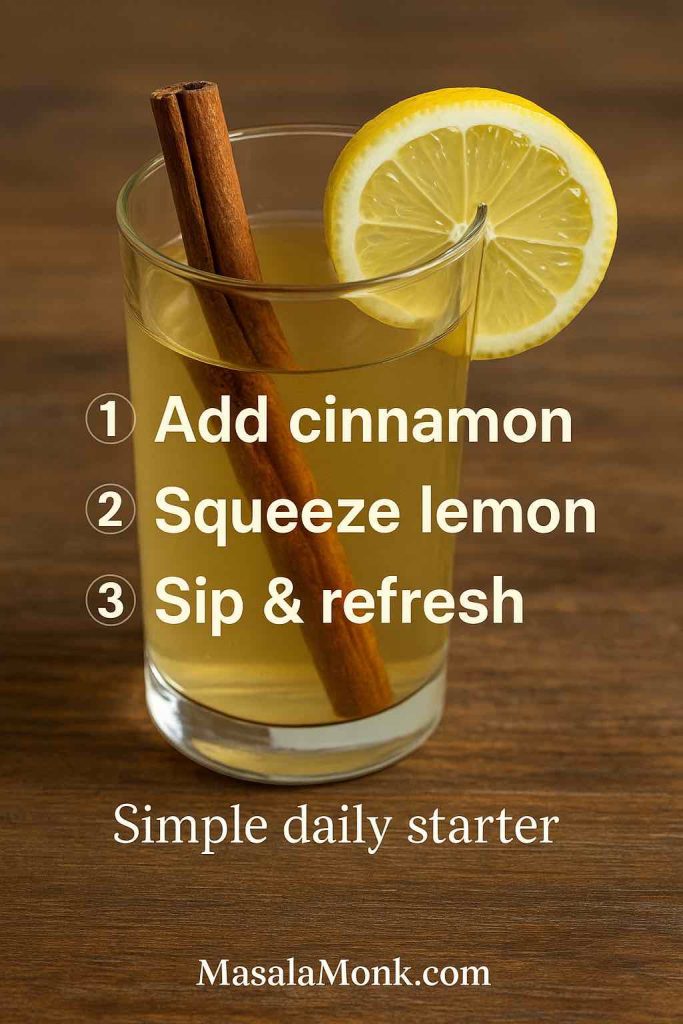 Glass of cinnamon lemon water with a cinnamon stick and lemon wedge, step-by-step recipe overlay for making a simple daily drink.